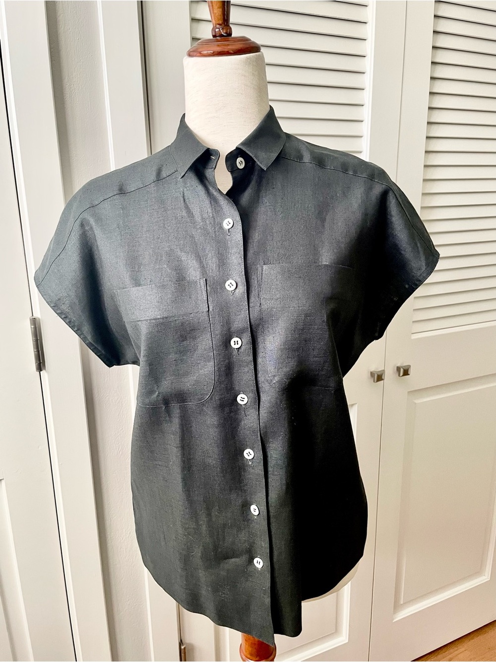 Vintage Liz Claiborne Black Linen Blouse Drop Shoulder 90s Size 8 Petite